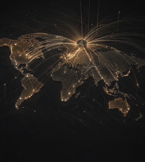 Carte du monde sombre traversée de connexions dorées pour AC Consulting