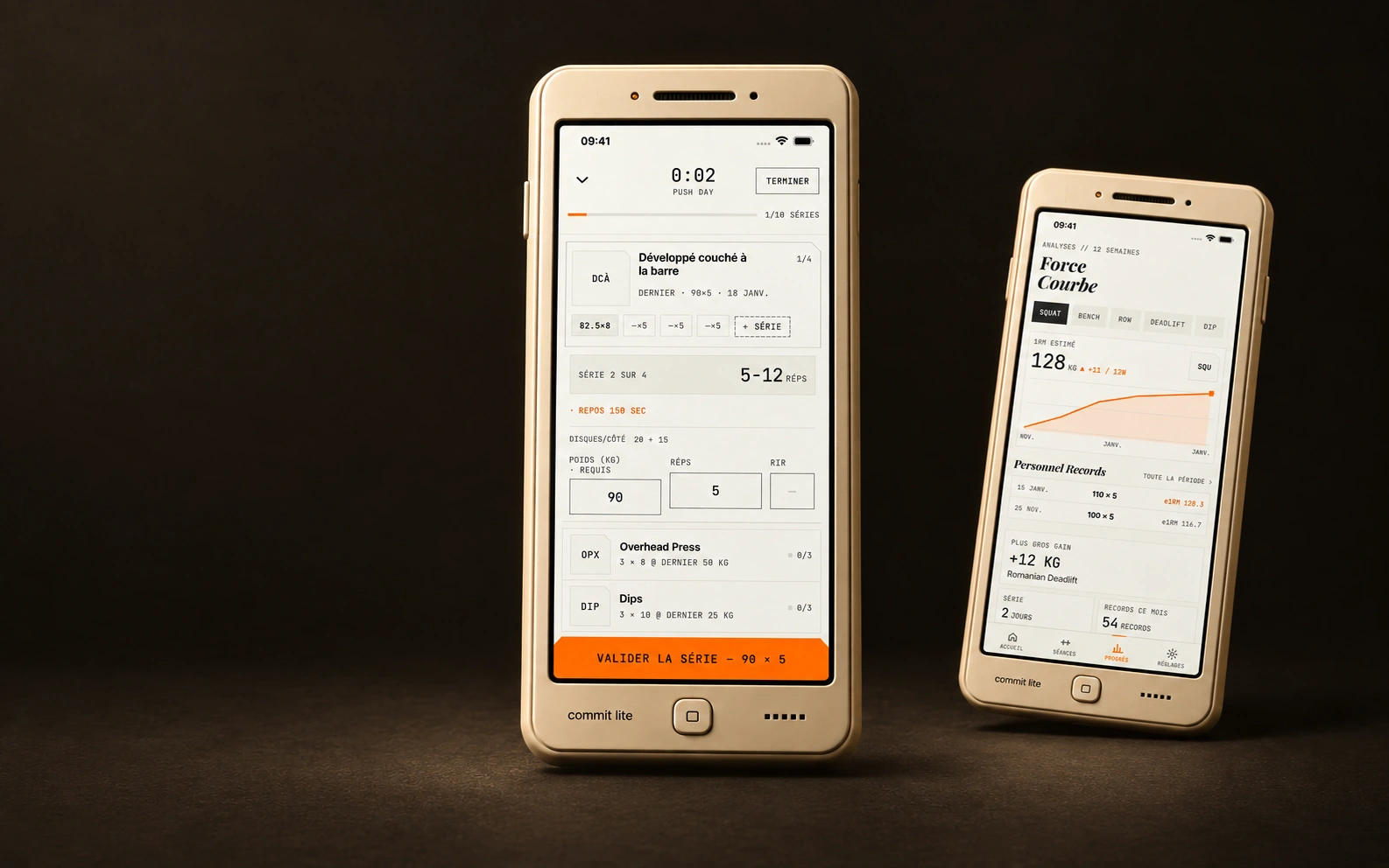 Deux téléphones rétro crème présentant la séance de musculation et la courbe de progression de Commit Lite