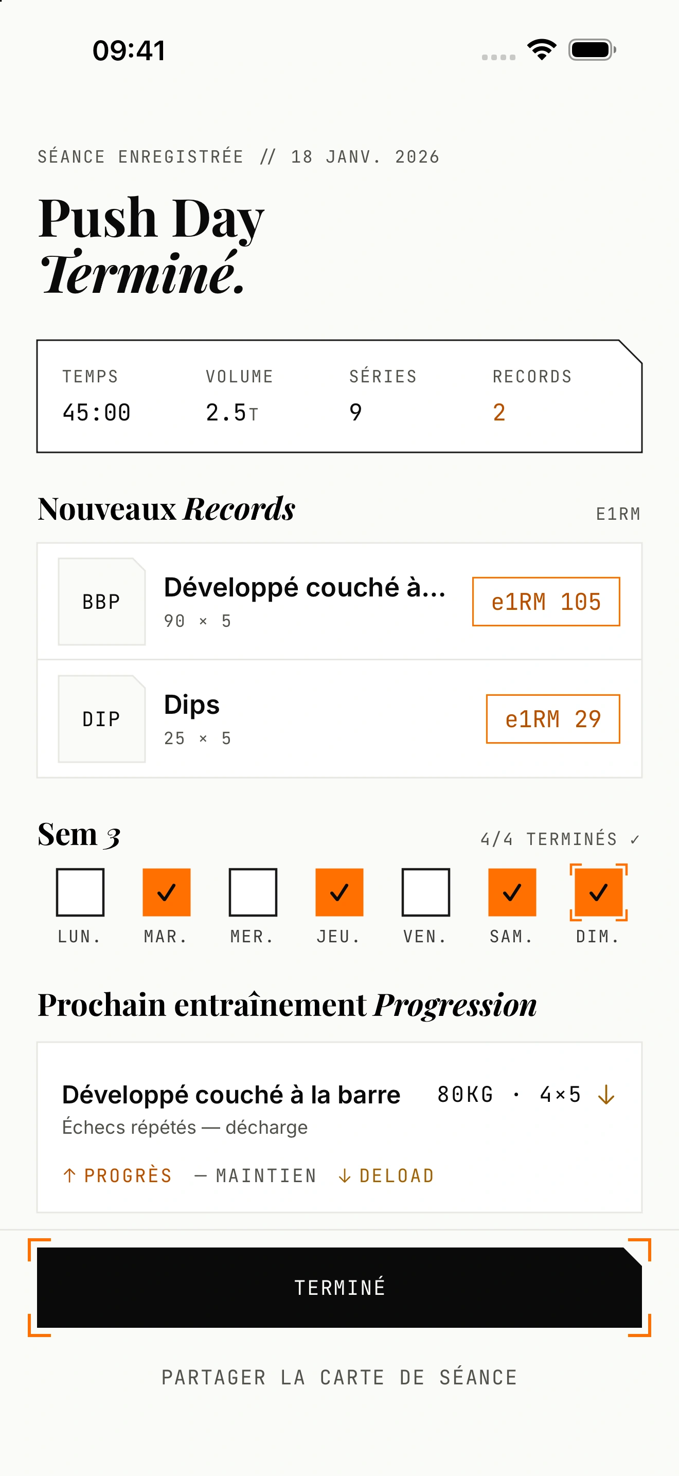 Bilan natif de séance avec durée, volume, nouveaux records et prochaine cible