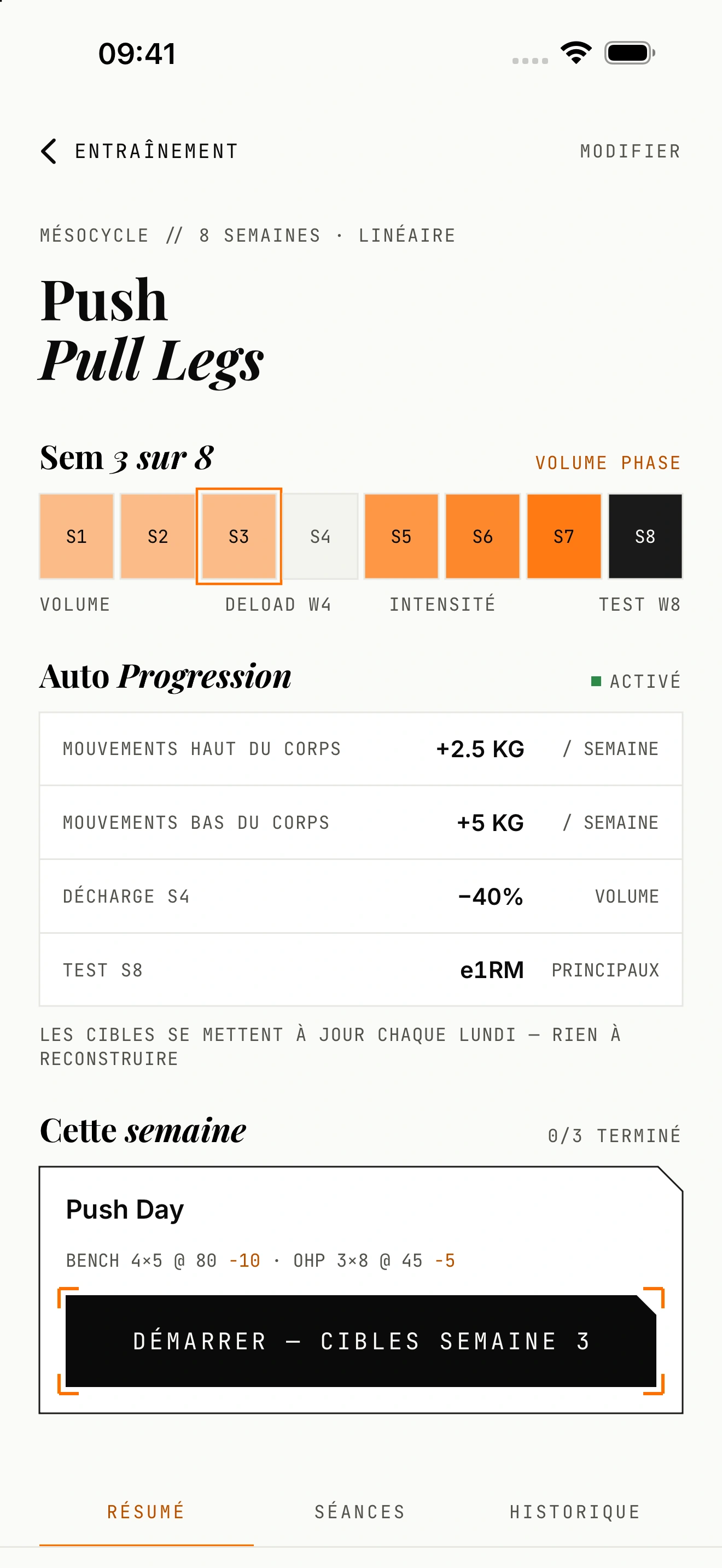 Programme Push Pull Legs sur huit semaines avec phases et progression des charges
