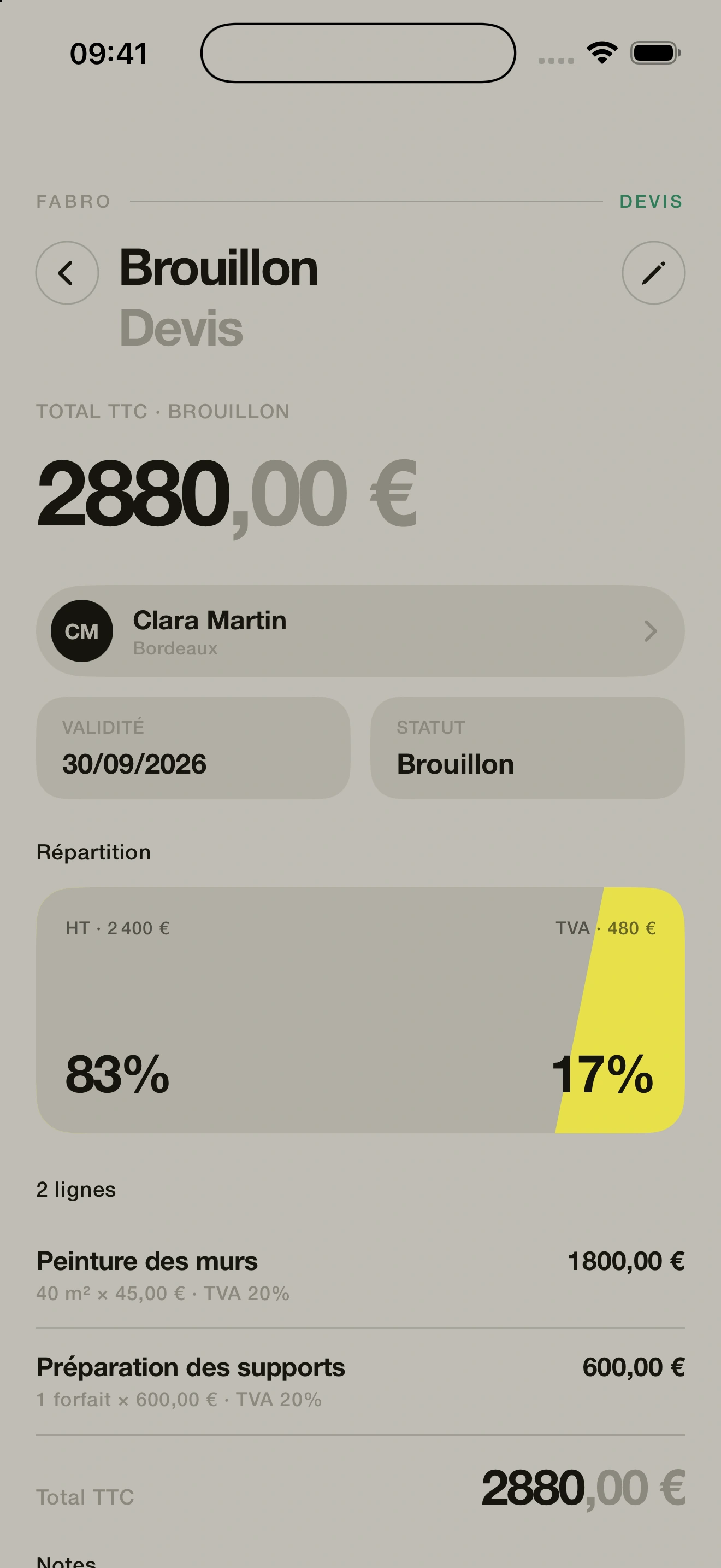 Détail natif d’un devis Fabro avec montant, client, répartition HT et TVA et lignes de prestations