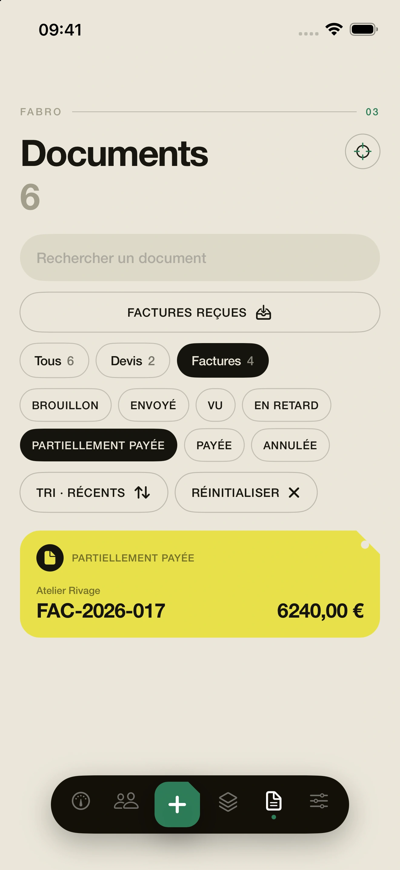 Documents natifs Fabro filtrés sur les factures partiellement payées avec une facture de démonstration