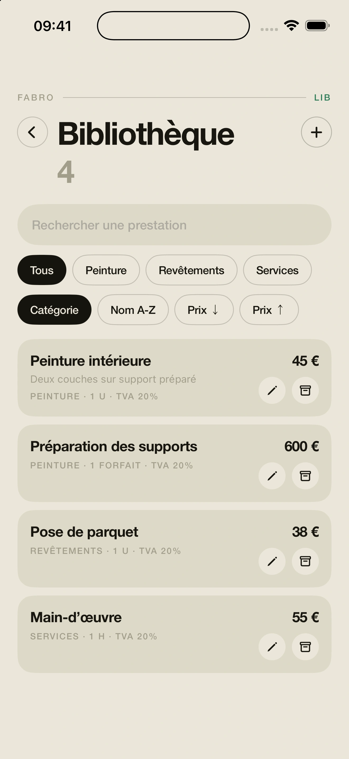 Bibliothèque native Fabro avec catégories, recherche et tarifs des prestations
