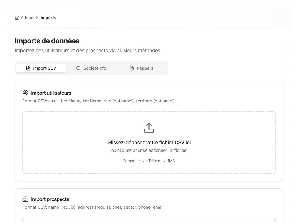 Interface d’import des utilisateurs et des prospects depuis des fichiers CSV