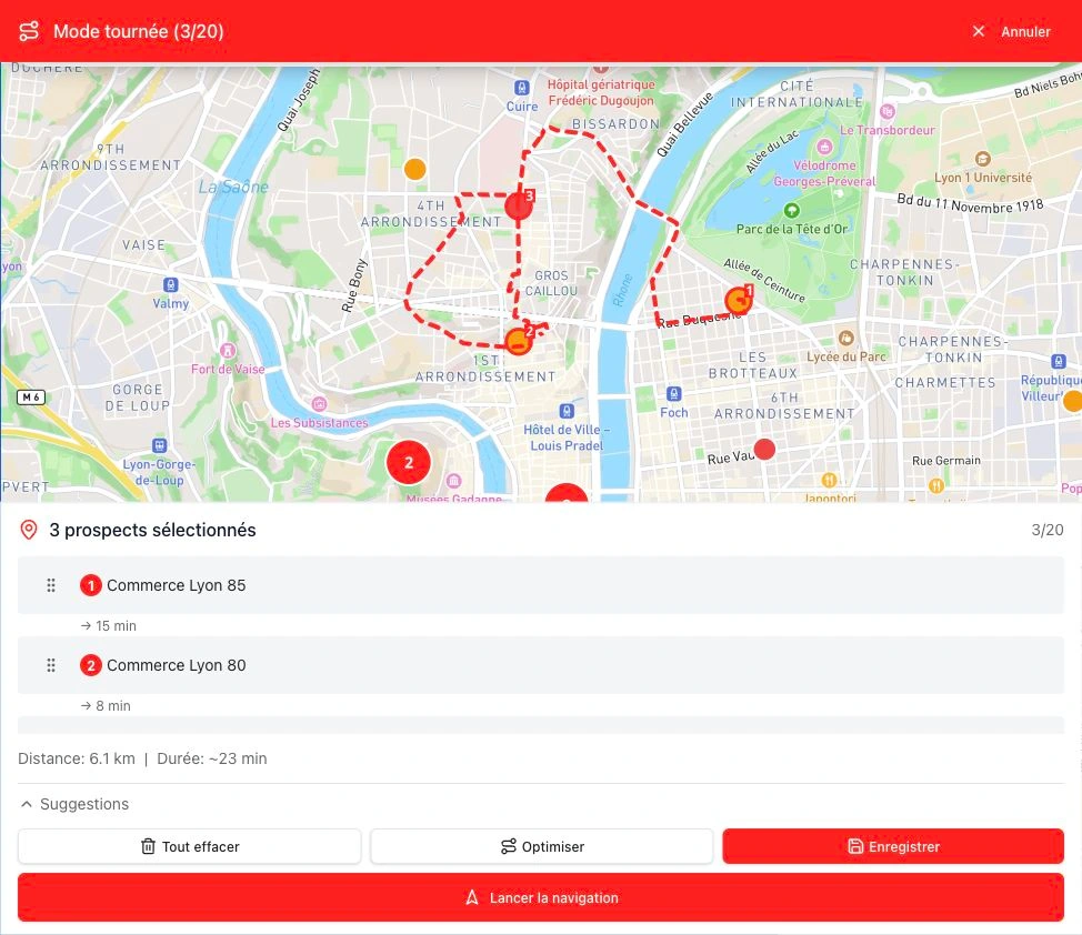 Itinéraire de démonstration tracé dans Lyon, avec trois visites numérotées, les temps de trajet et une distance totale de 6,1 kilomètres