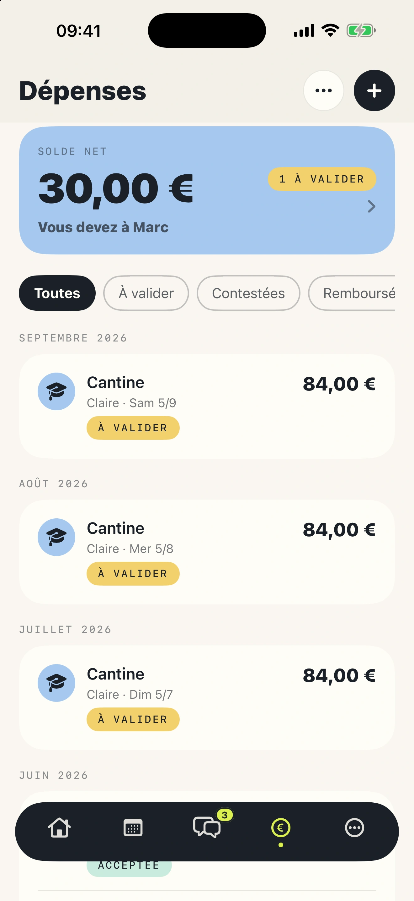 Dépenses partagées avec solde entre les parents et frais de cantine à valider