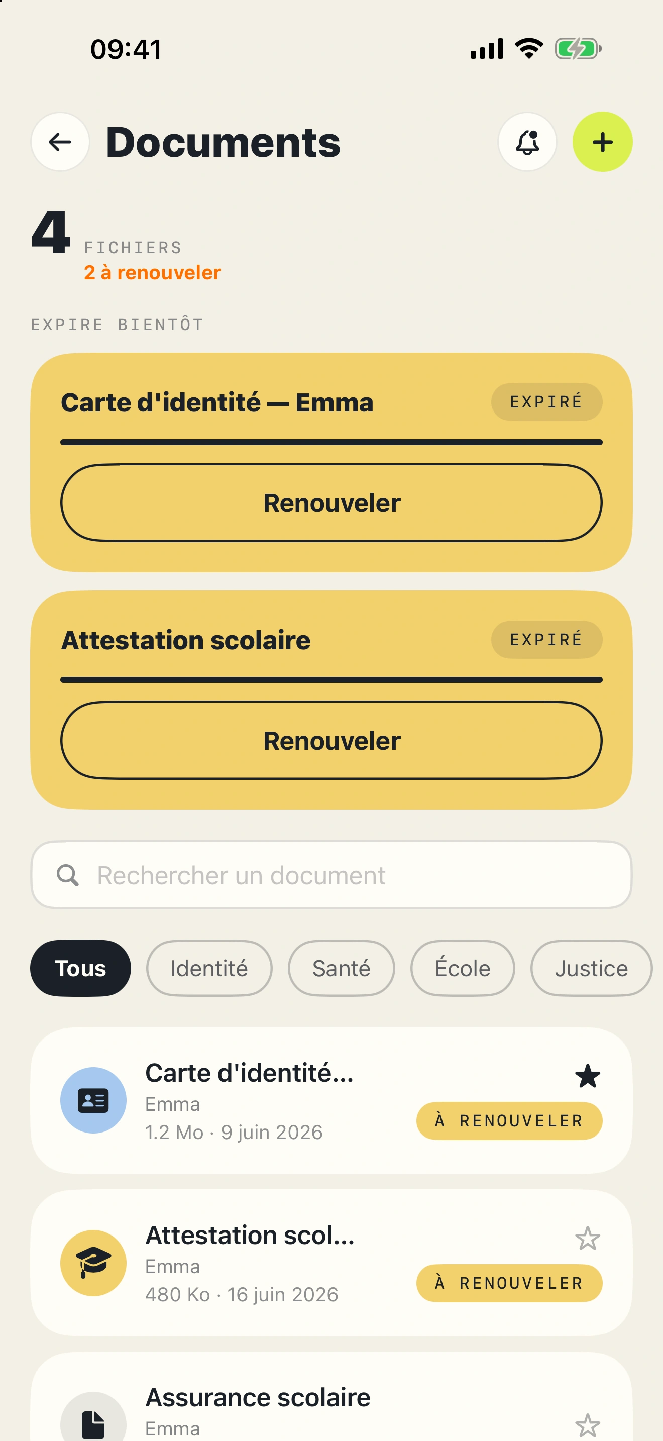 Documents fictifs d’un enfant, classés par catégorie et date de renouvellement