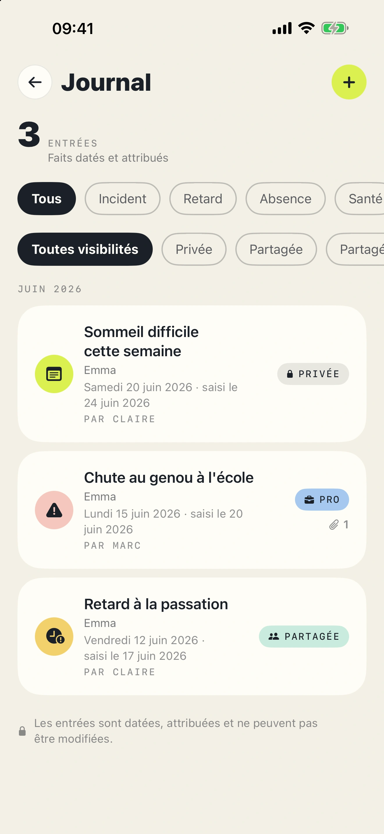 Journal de démonstration avec entrées datées, auteur et niveau de partage