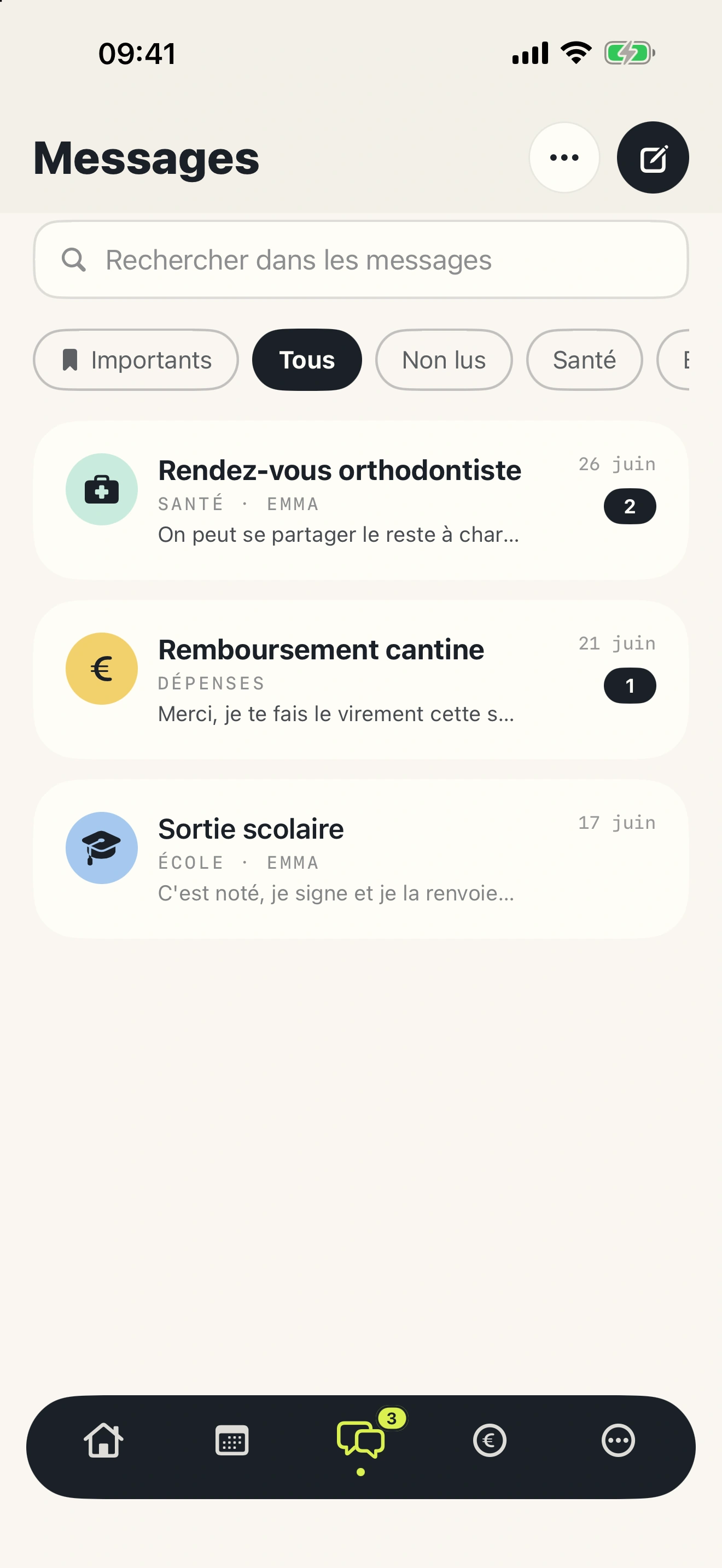 Messages de démonstration classés par santé, dépenses et école dans Ribambelle