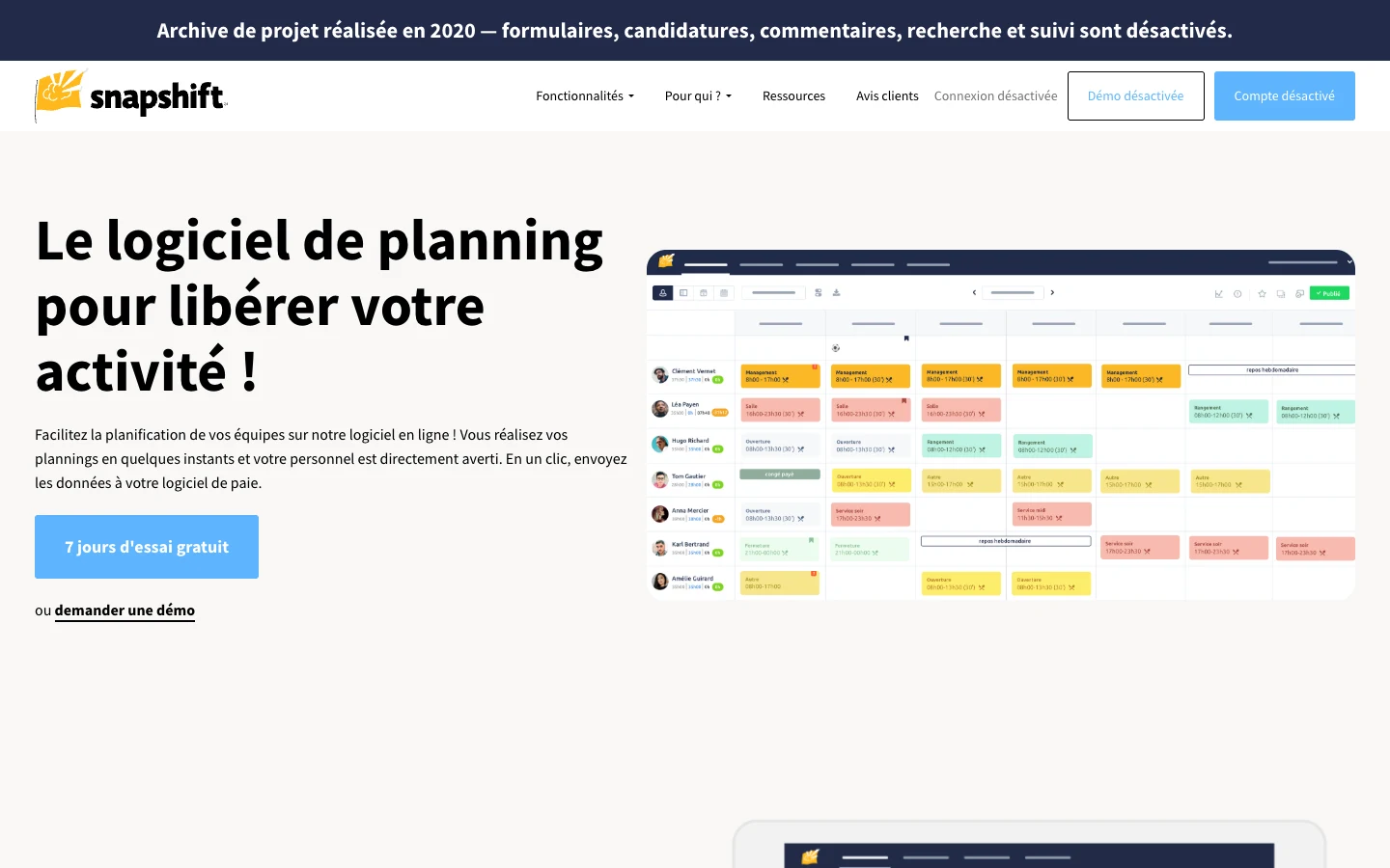 Le site vitrine de Snapshift, en 2020