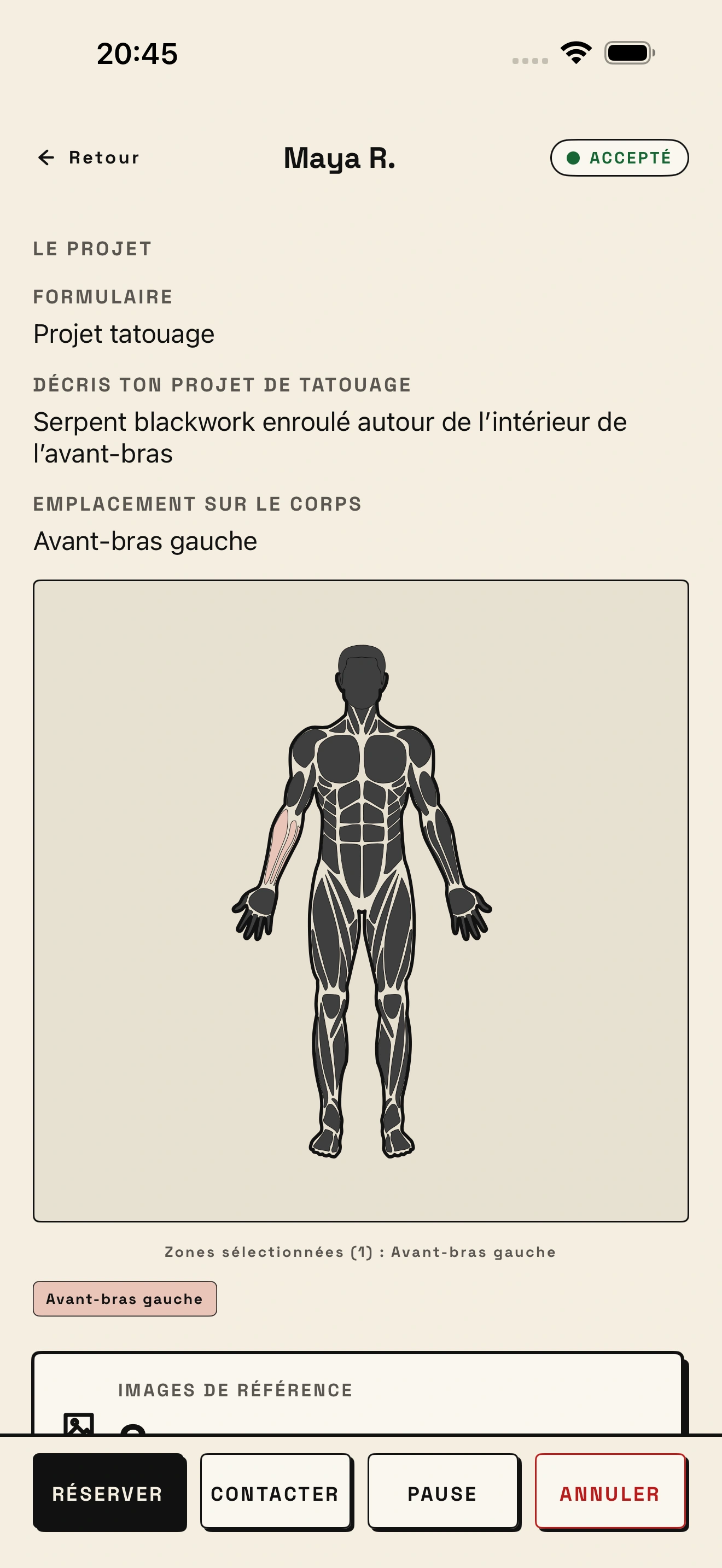 Application iOS Stenz, brief de Maya et carte du corps indiquant l’avant-bras gauche, avec actions de réservation et de contact