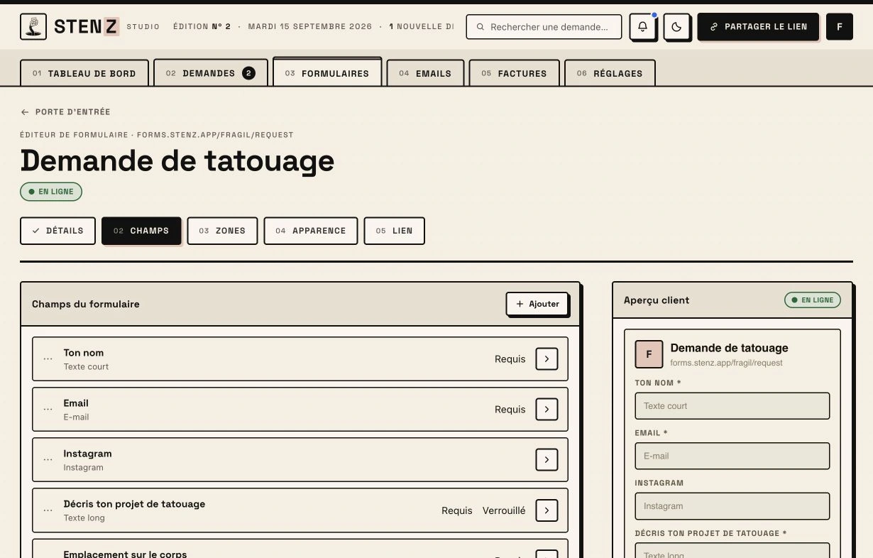 Éditeur de formulaire Stenz Studio, configuration des champs et aperçu du formulaire client