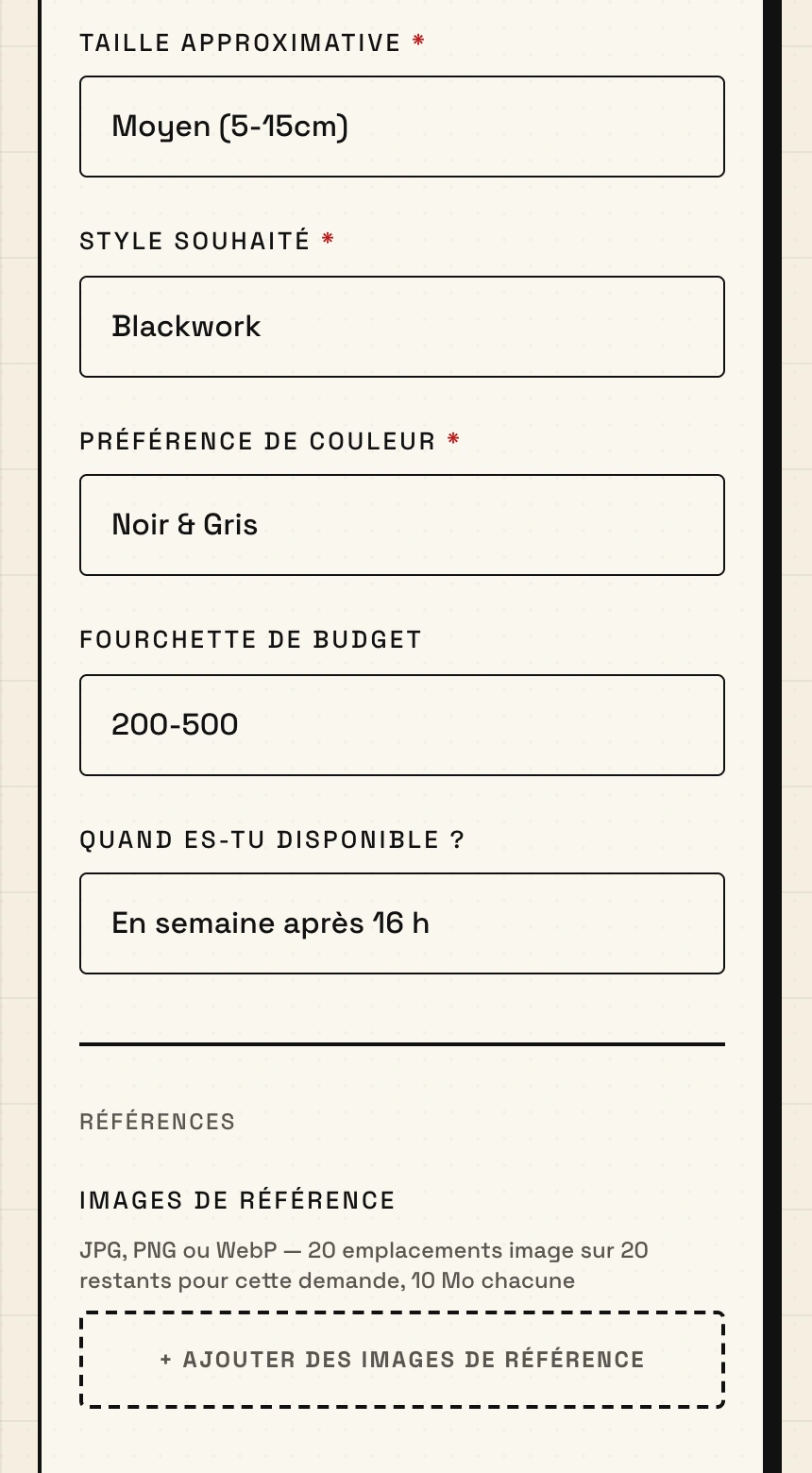 Formulaire public Stenz sur mobile, taille moyenne, style blackwork, noir et gris, budget et disponibilités renseignés pour une démonstration