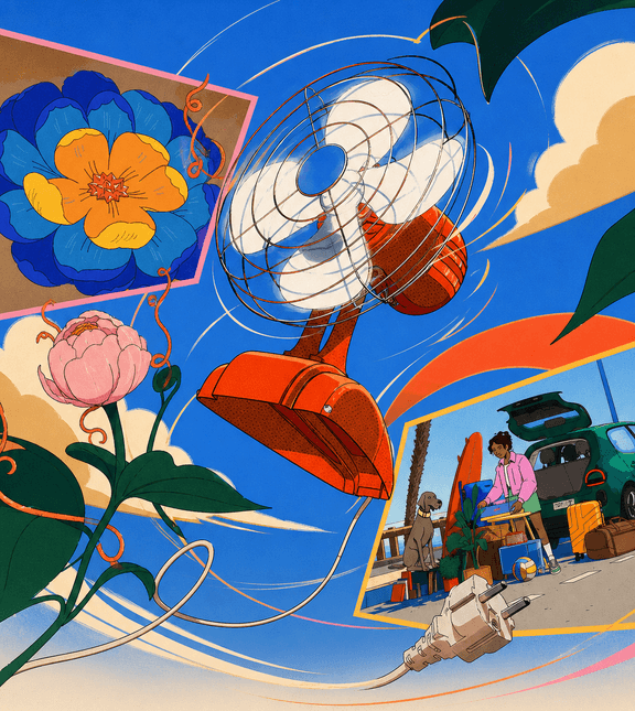 Illustration colorée de Parallel Studio reliant fleurs, ventilateur et scènes de voyage