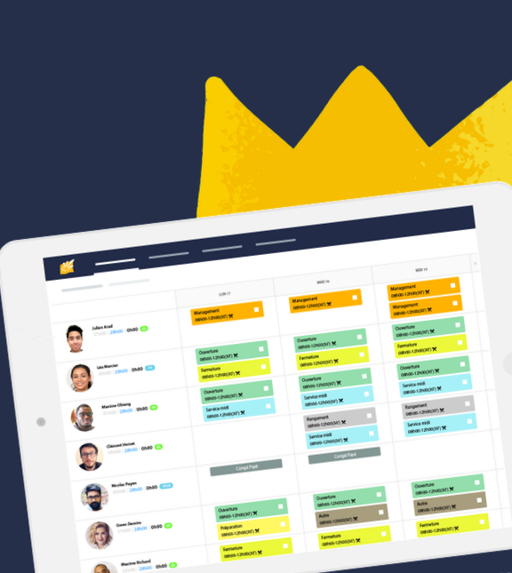 Planning hebdomadaire Snapshift affichant les équipes et leurs horaires sur une tablette
