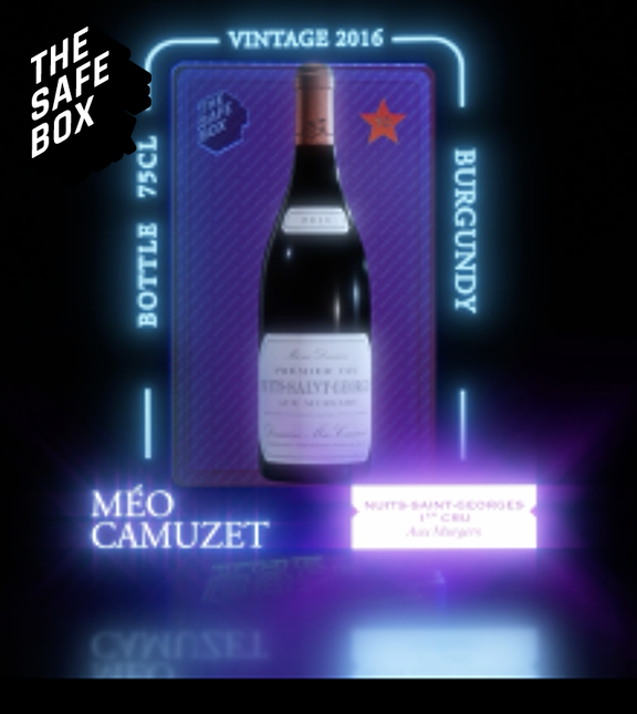 Bouteille de Bourgogne Méo-Camuzet présentée dans une interface lumineuse The Safe Box
